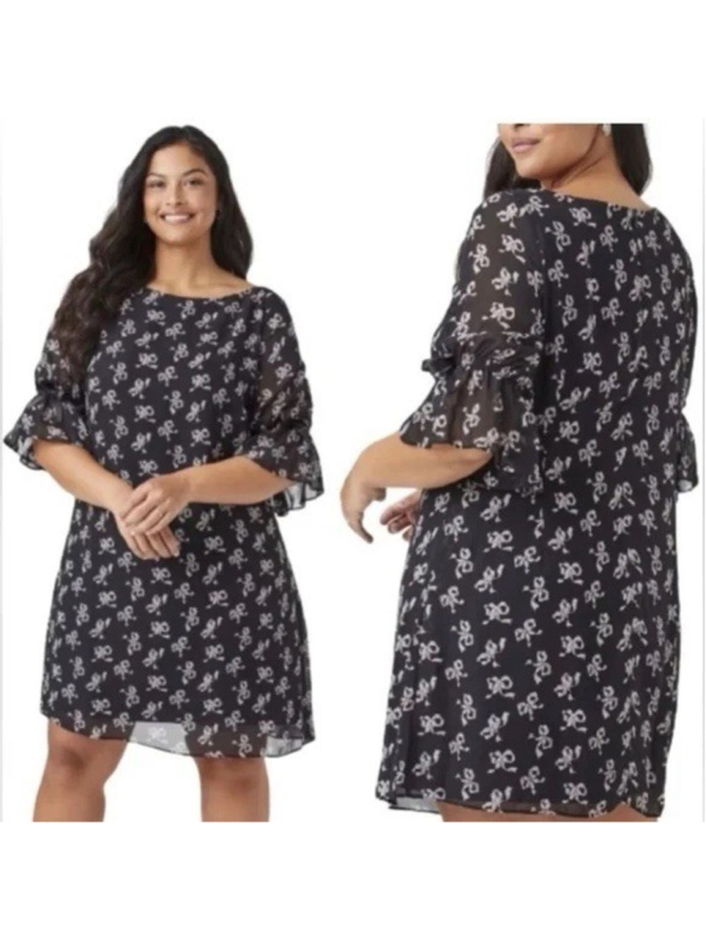 Betsey Johnson Annabel Ruffle Sleeve Bow Ribbon Print Chiffon Shift Dress 14W